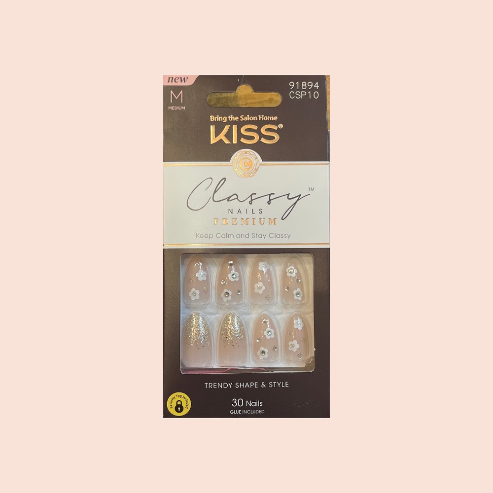Kiss Classy Premium Glue-On 7 Day Wear Nails-Flowers & Glitter-30 Nails-CSP10
